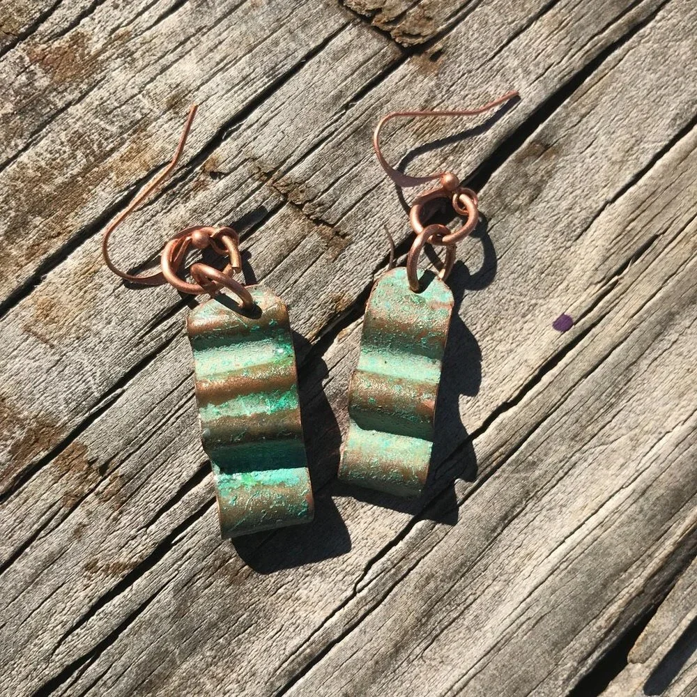 Solid Copper Patina Green Verdigris Earrings Drop Dangle Form Folded Brutalist